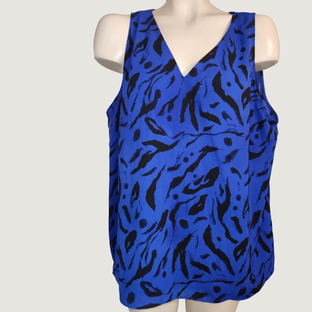 Nine West Blue Black Abstract‎ Print V-Neck Sleeveless Blouse XXL Top